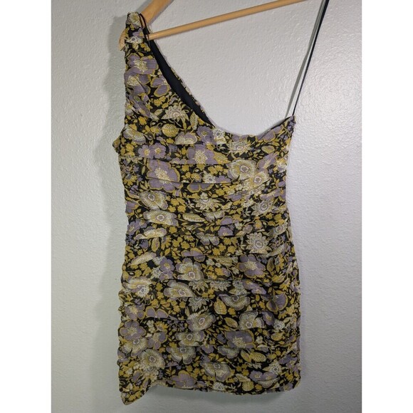 Zara Dress Women's Small One Shoulder Mini Black Yellow Floral - Picture 4 of 11